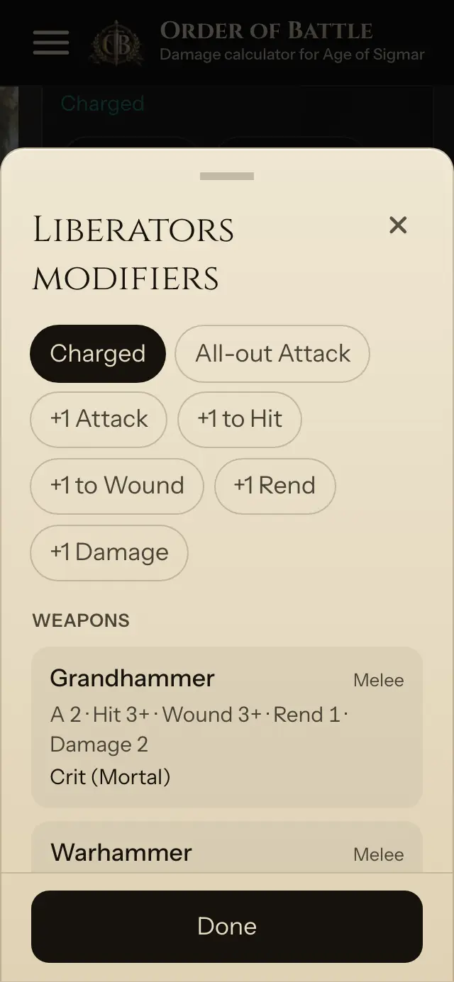 Liberators modifiers sheet with Charged selected