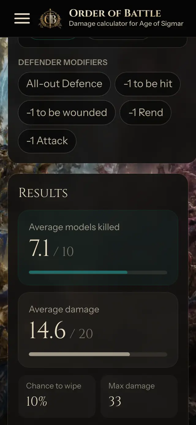 Combat Calculator results with average models killed, damage, chance to wipe, and max damage